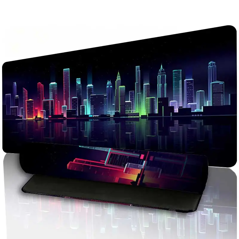 Neon Cyberpunk Style City Mouse Pad Retro Vaporwave Night Skyline Large Gaming Desk Mat Aesthetic Keyboard Pads for Home Office