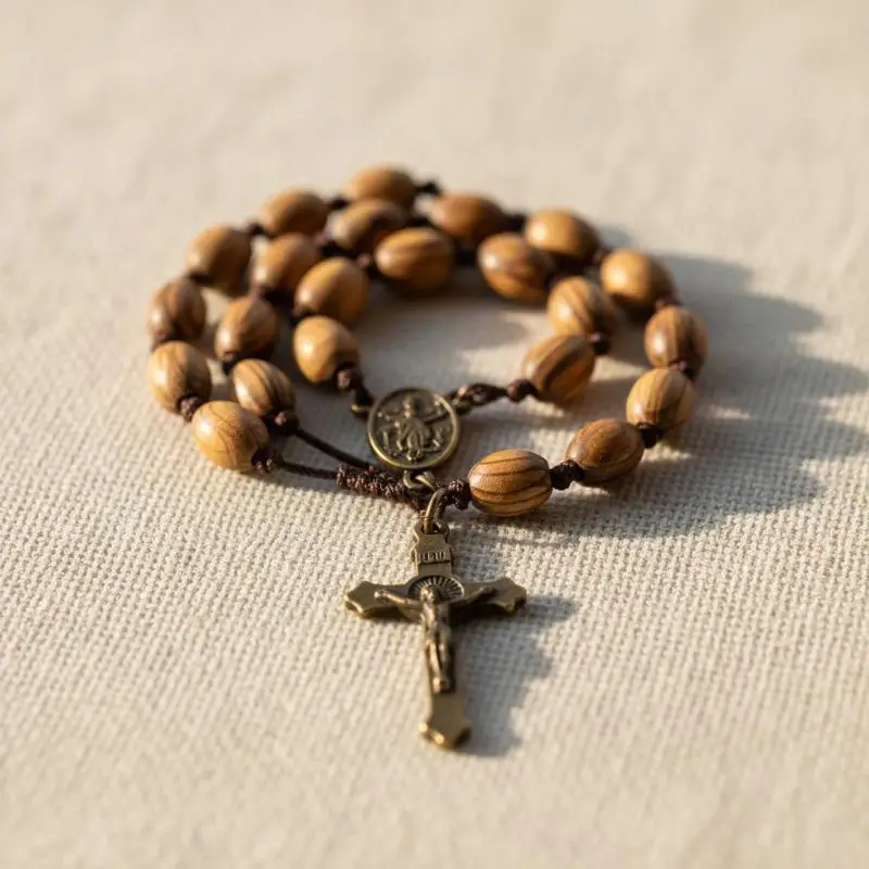 Handmade Car Hanging Ornament Wood Rosary Necklace with 33 Beads Religious Wood Necklace for Rearview Mirror Decoration