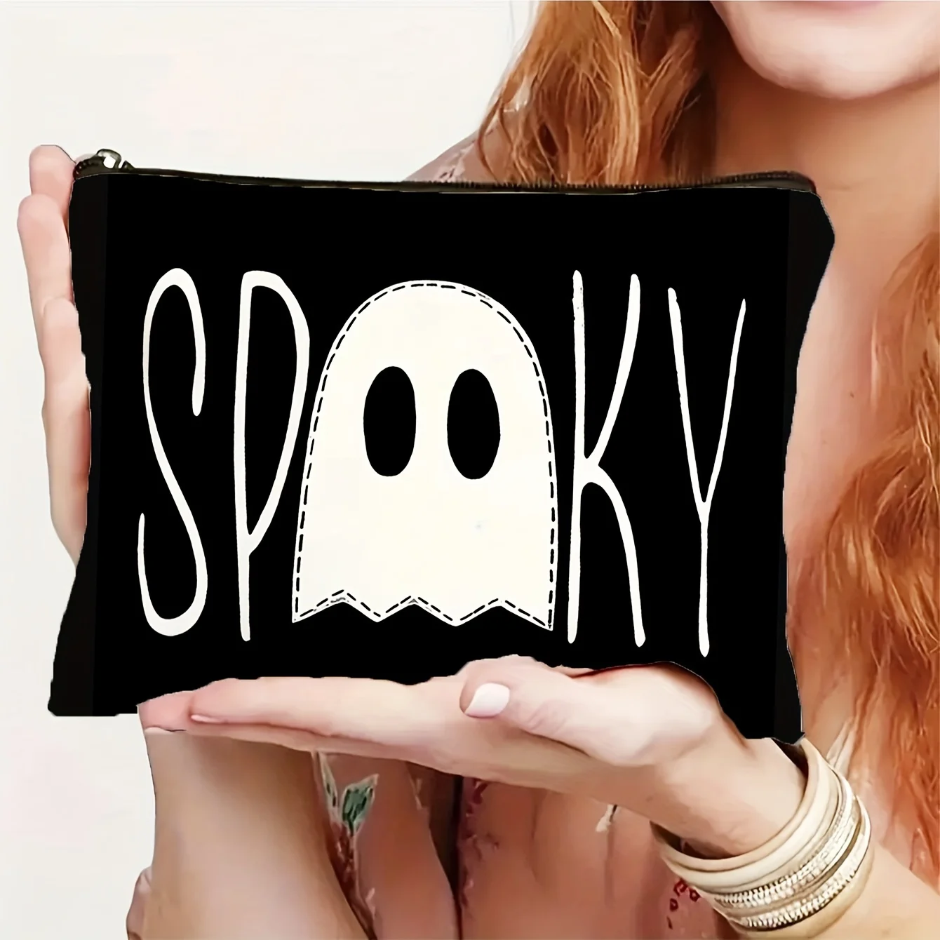 Spooky Halloween Cosmetic Bag - Large Capacity, Black and White Pattern, Portable Travel Organizer for Makeup and Small Items
