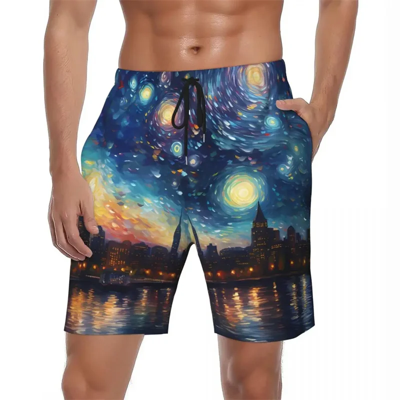 Harajuku New 3D Printing Oil Paintings Starry Night Beach Shorts For Men Cool Streetwear Shorts Pants Fashion Board Shorts Trunk