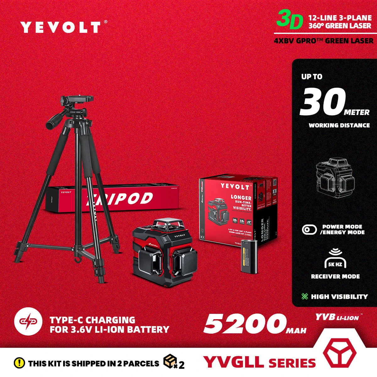 

Трехуровневый лазерный уровень YEVOLT TP-YVGLL4XS12PRO 12 линий, 3D, зеленый лазер, 1,5 м, штатив с аккумулятором 5200 мАч, самовыравнивающийся измерительный инструмент 360