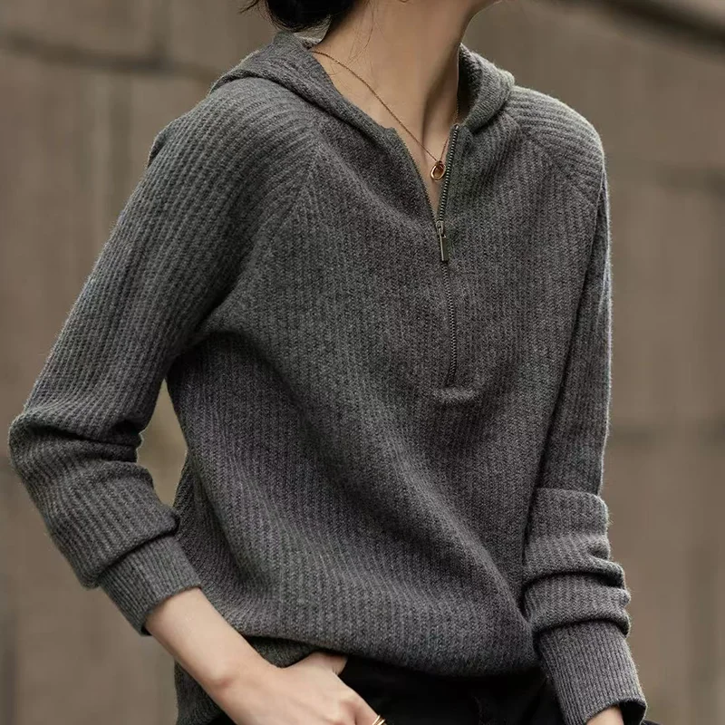 เสื้อสเวตเตอร์ผู้หญิงใหม่ ฤดูใบไม้ร่วง/ฤดูหนาว 2025 ทำจากขนสัตว์ 100% เสื้อฮู้ดถัก สีพื้น สไตล์ลำลอง แฟชั่น ขายดี เสื้อผู้หญิง