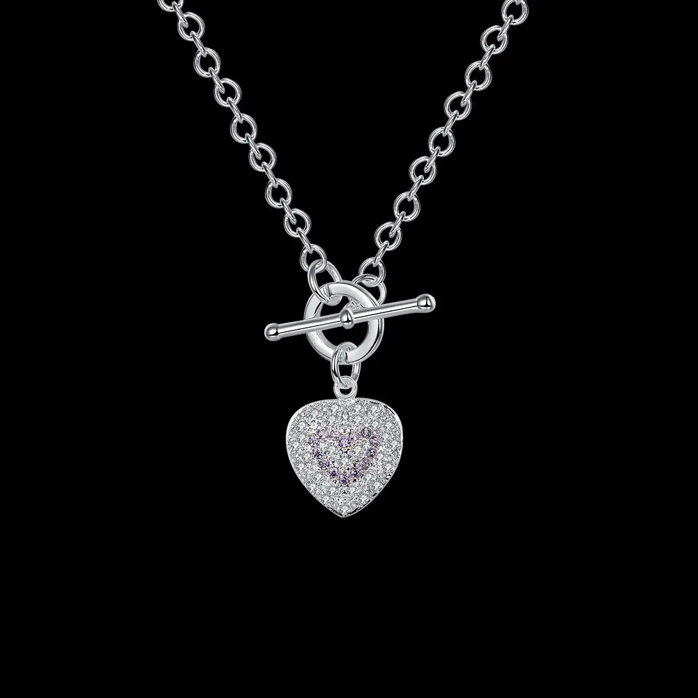

Fashion Brand 925 Stamp Silver Color Necklace for Women Charm Purple Crystal Romantic Heart Pendant Gifts Wedding Jewelry