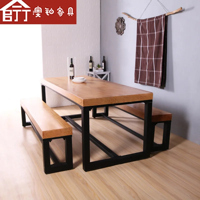 American-Style Solid Wood Dining Table Commercial Canteen Dining Table Barbecue Shop Rectangular Dining Table and Chair