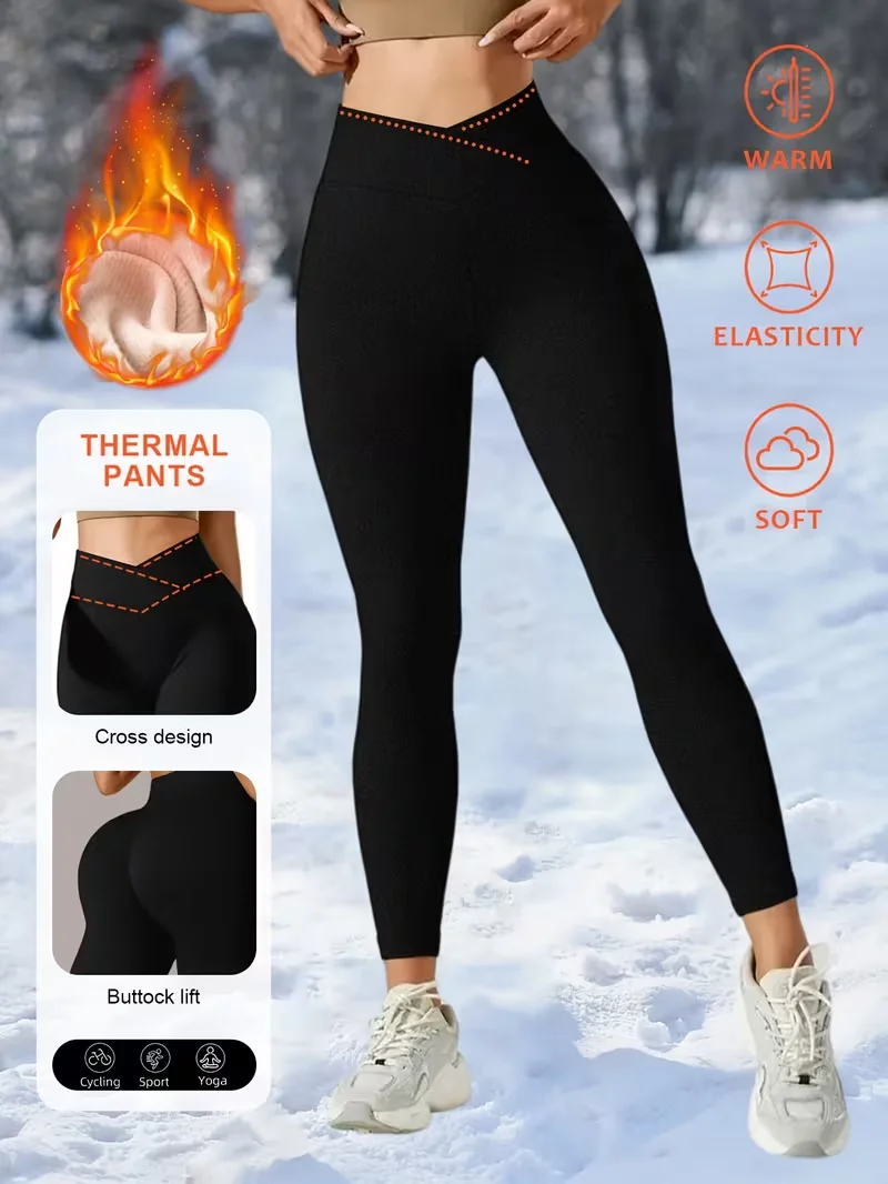 Women's Winter Warm Ski Pants Fleece Lined Yoga Leggings High Waist Cross Waist Tights Soft Tummy Control Opaque Yoga Trousers