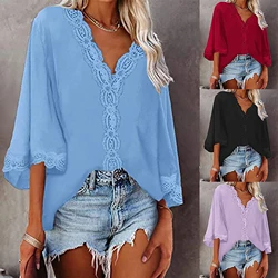 2024 Europe and the United States spring and summer new women's shirt flared sleeve V-neck lace lace loose shirt woman