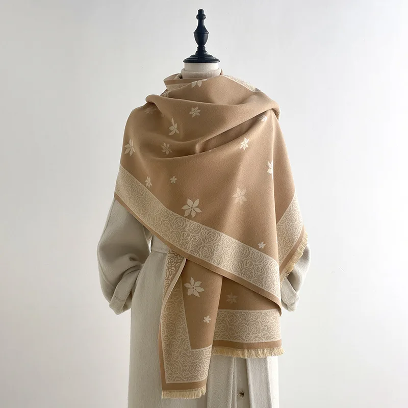 winter fresh floral women's imitation cashmere shawl double-sided jacquard tassel thickened warm retro literary tone scarf