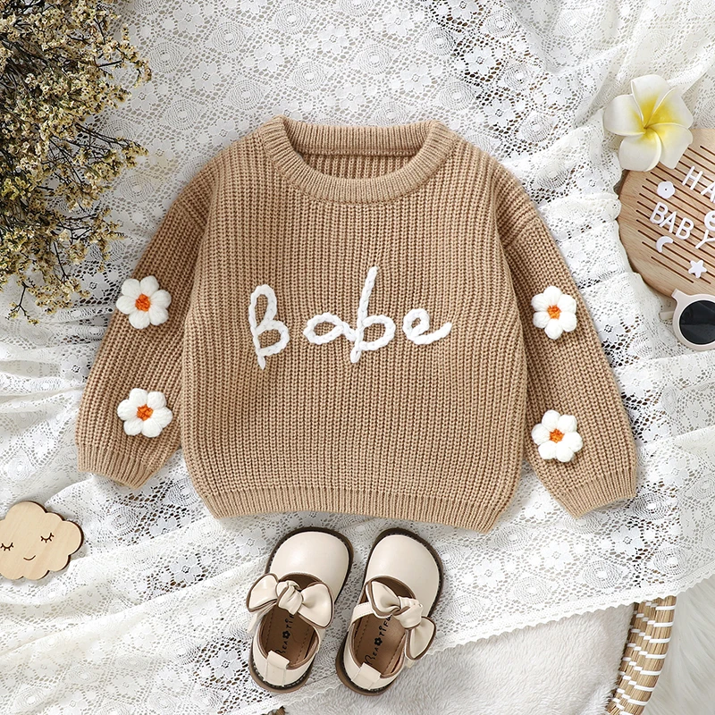 Sweet Floral & Letter Embroidery Print Baby Girls Long Sleeve Sweaters Knitted Acrylic Baby Soft Sweatshirt For Newborn Infants