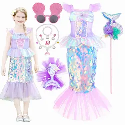 New Little Mermaid Ariel Princess Dress For Girls Short Sleeve Sequins Cosplay Costume Children Carnival Birthday Party Clothes