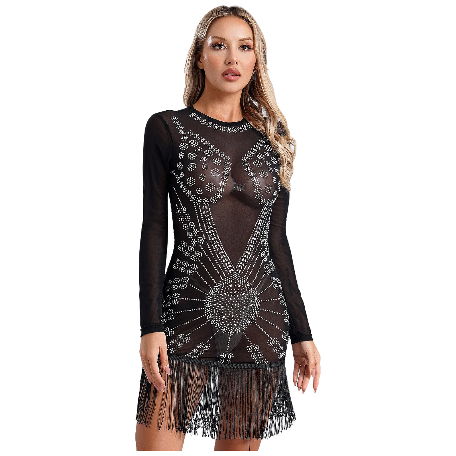 Womens Shiny Rhinestones See Through Mesh Mini Dress Long Sleeve Tassel Hem Bodycon Disco Pole Samba Dancing Dress Sexy Clubwear