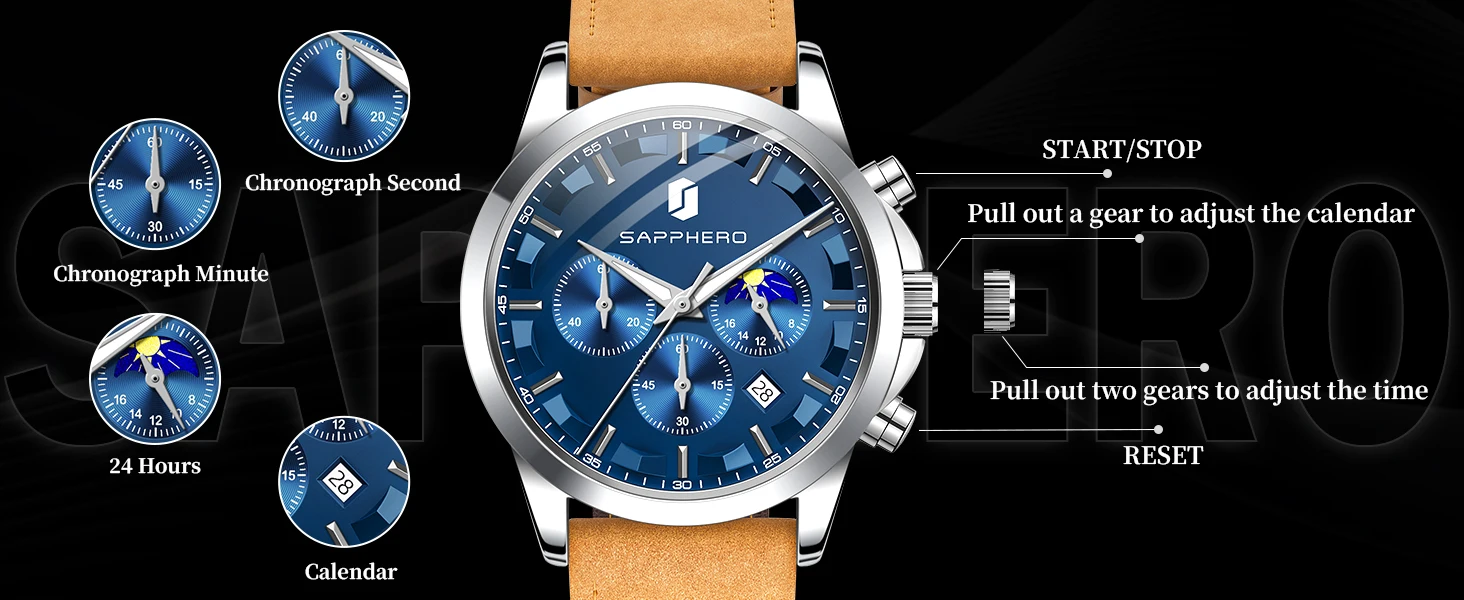 SAPPHERO Herren Chronograph Quarzuhr, 5ATM Wasserdicht, Hardlex Kristall, Lederarmband, Modische Sportuhr, Perfektes Geschenk für Männer – Detail 4