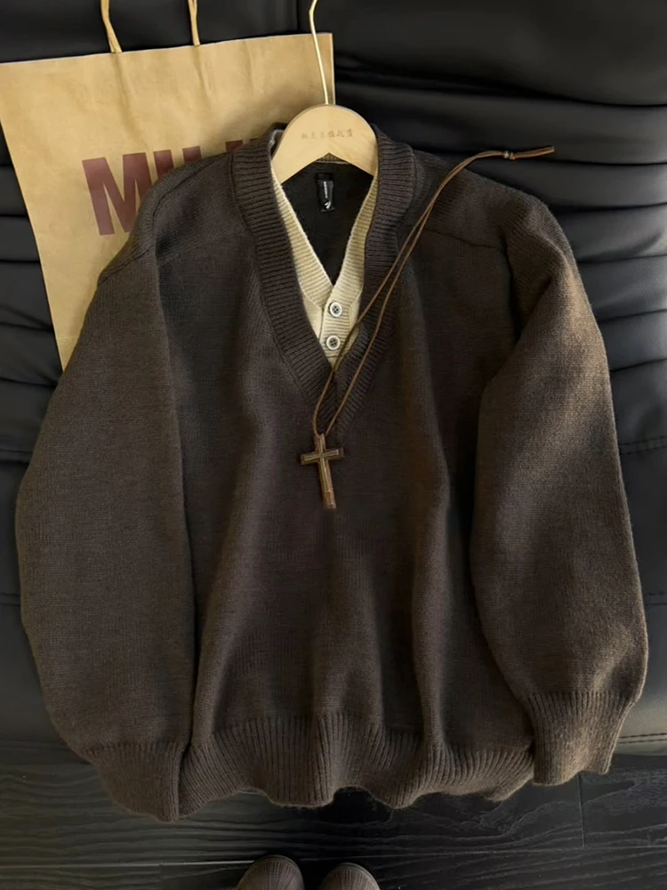 

Корейский утепленный свитер с V-образным вырезом для мужчин, базовый слой, трикотажная рубашка, имитация двухслойности, повседневная одежда