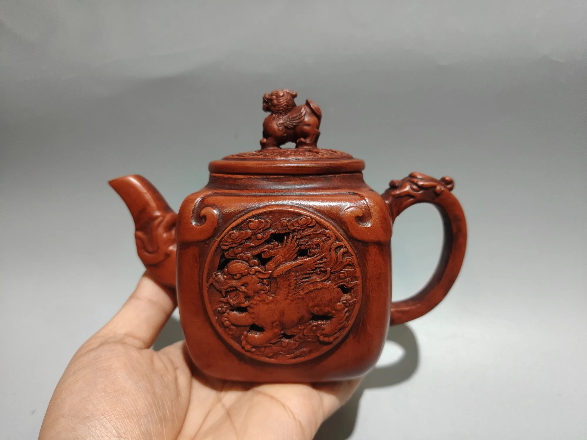 Yixing Purple Clay Teapot Kettle Red clay Four sided hollow out Kirin pattern Wealth pot Teapot Flagon Office Ornaments