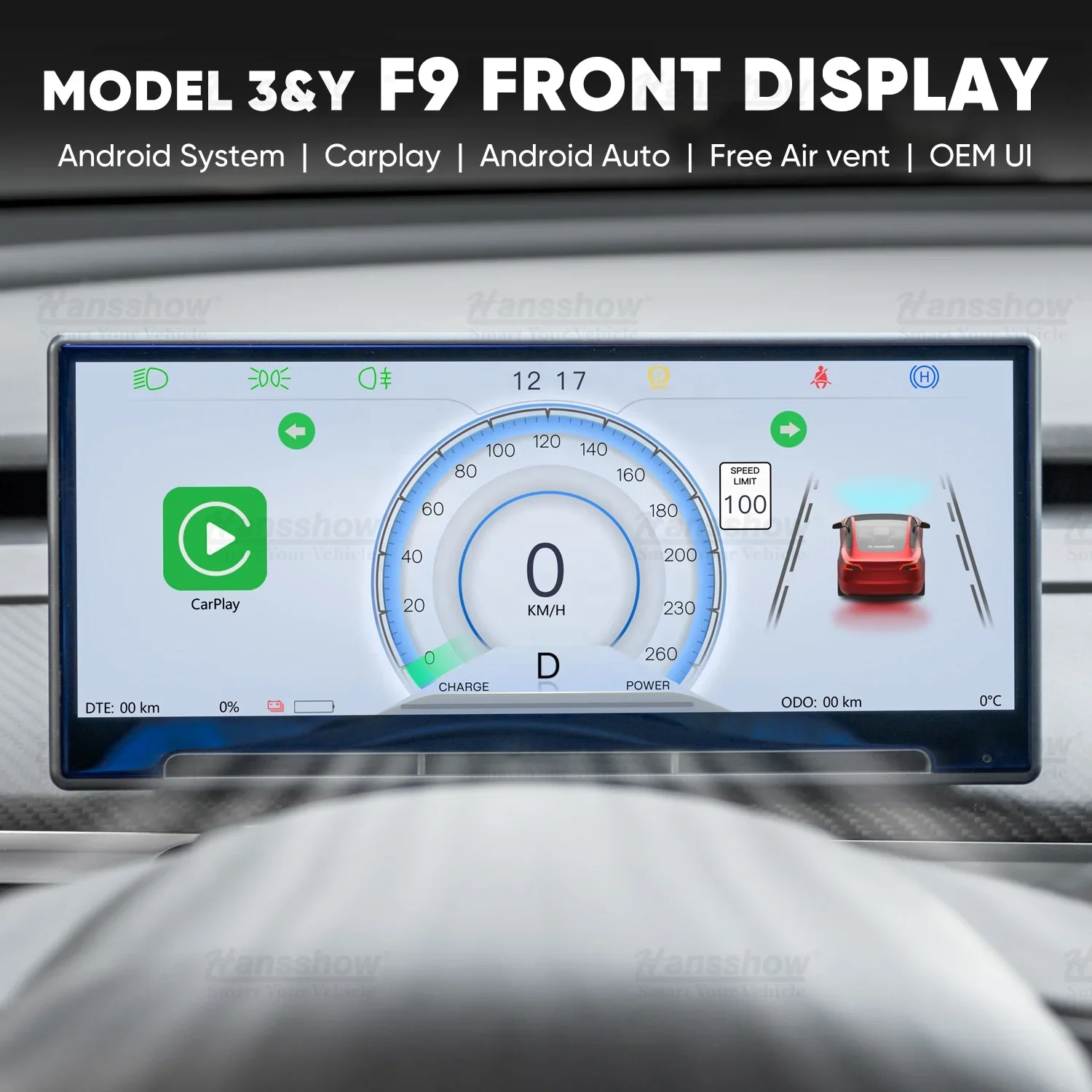 Hansshow Model 3/Y F9 Center Console Dashboard Touch Screen Carplay & Android Auto Head Up Display for Tesla 2017-2024