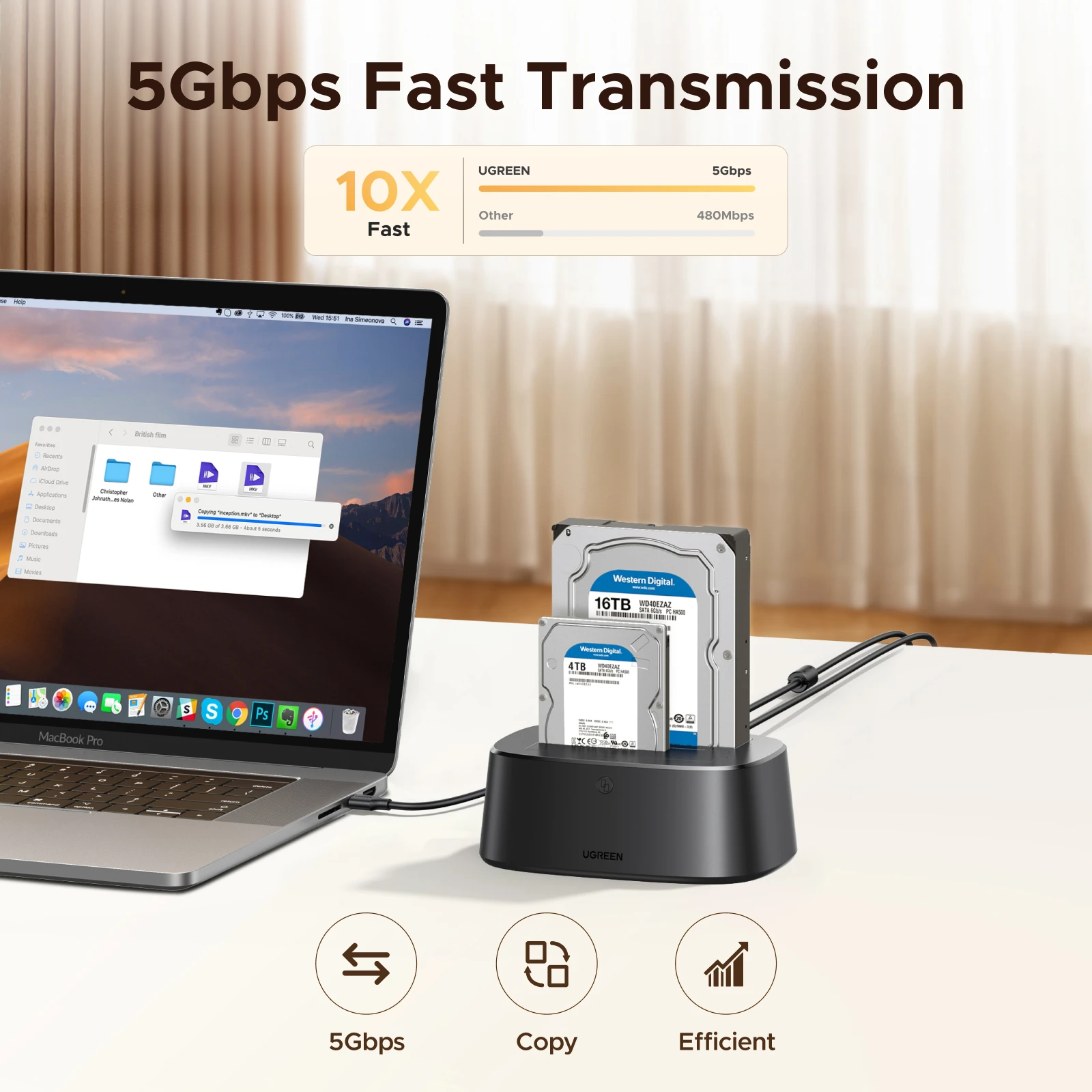 Stacja dokująca UGREEN 5Gbps na dyski HDD, dwu-komorowa, z zasilaniem EU, adapter SATA na USB 3.0 do dysków 2.5 i 3.5 cala, obudowa na dysk twardy SSD. — zdjęcie produktu 4