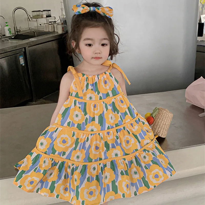 Baby Summer Dress Fashion 2023 Cotton Fashion Sleeveless Sling Flower Print A-line Dress For 2-8Yrs Toddler Party Dress