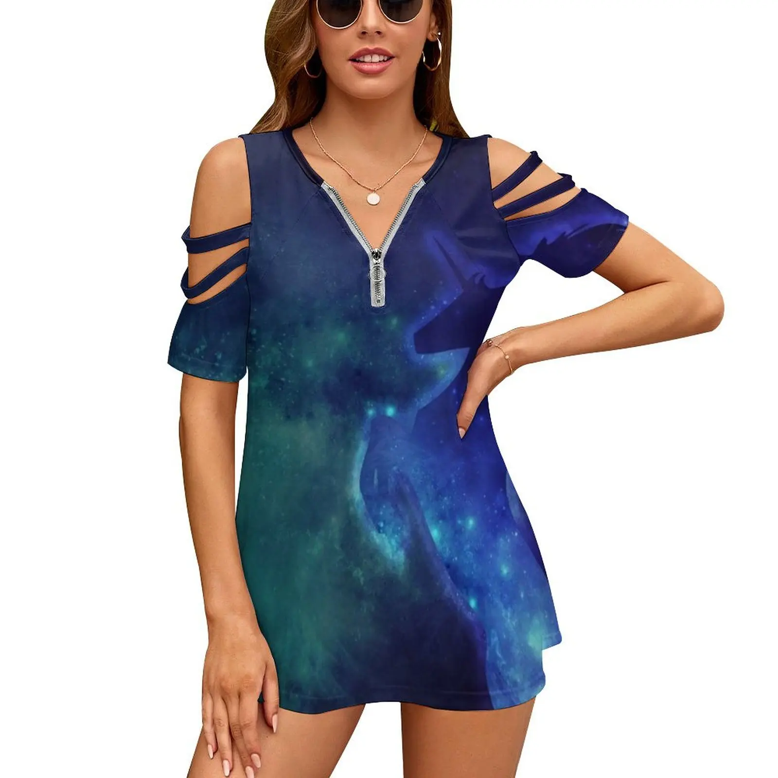 Nebula Galaxy Unicorn In Space Women'S T-Shirt New Fashion Printed Zipper V-Neck Short Sleeve T Shirts Casual Plus Size Nebula