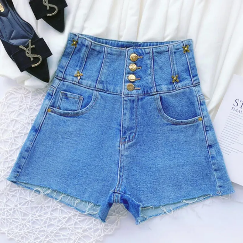 

High Waist Single-Breasted Denim Shorts Women New Summer Personalized Flower Decoration Frayed Wide Leg Shorts s273