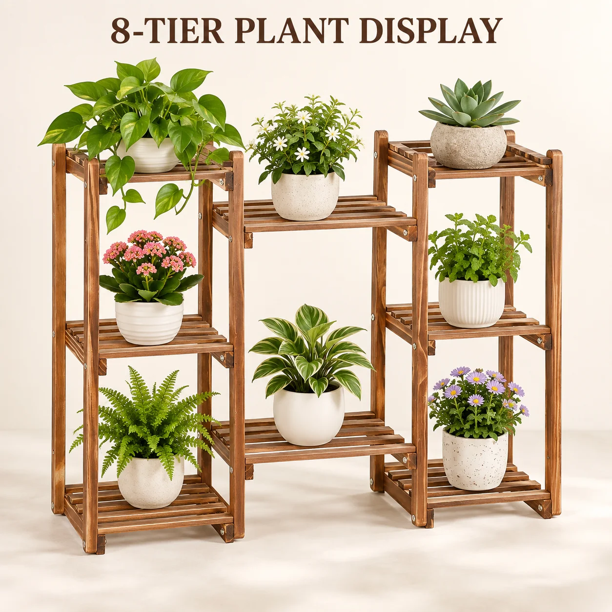 8 Tier Wooden Plant Stand for Multiple Plants, Rustic Brown Pine Wood Flower Shelf for Indoor Balcony and Living Room