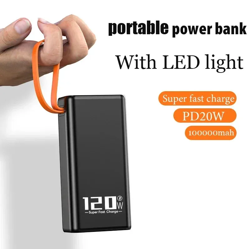 100000mAh High Capacity New Power Bank 120W Fast Charger Power Bank for Xiaomi IPhone Laptop Battery with LED Flashlight Camping