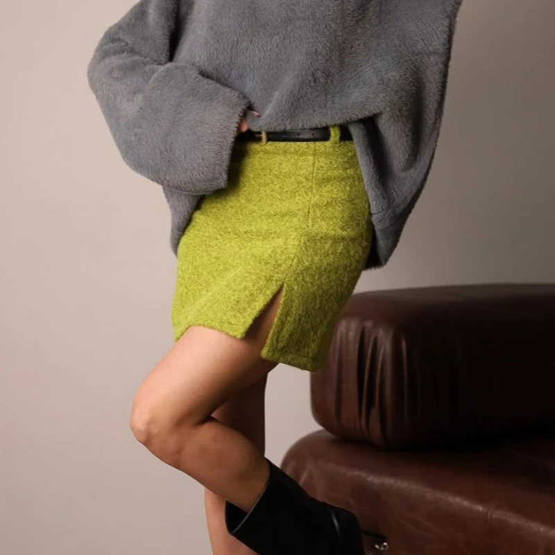 Tsiisd Women Tweed Mini Skirt High Waisted Slim Bodycon Fuzzy Textured Vintage Street Style Autumn Elegant Chic Women's Skirts