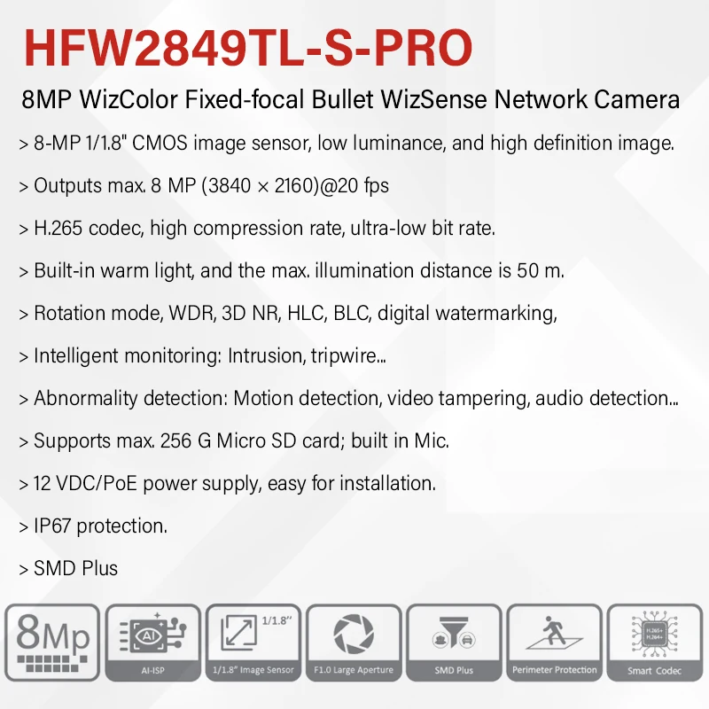 Dahua WizColor 4MP 8MP Smart Home Camera 50m Lighting Distance Built in Mic 4K PoE CCTV SMD IPC-HFW2449TL-S-PRO HFW2849TL-S-PRO