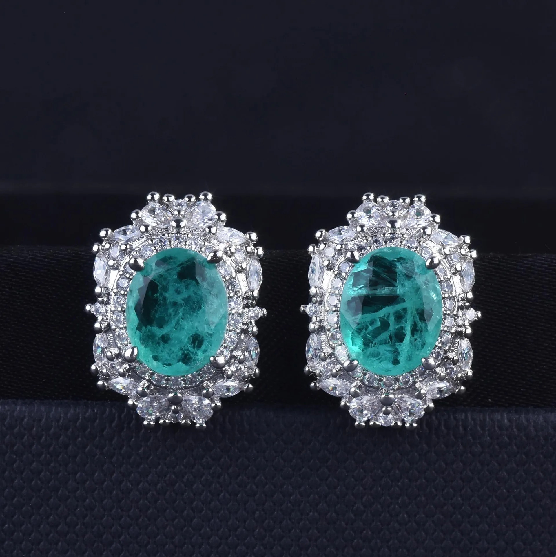 Silver Oval Shape Paraiba Tourmaline Gemstone Jewelry Set for Women Earring Ring Necklace Set Ladies Trendy Vintage Jewelry Gift