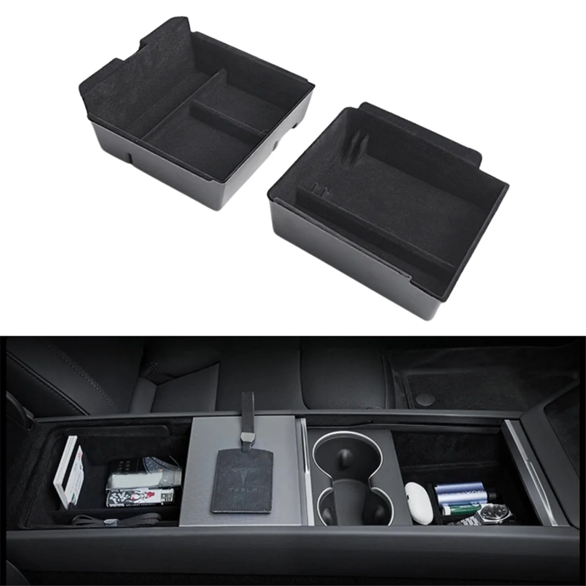 Upgraded Center Console Organizer Tray for Tesla Model 3 Highland 2024 Flocked Armrest Storage Box Interior Accessories