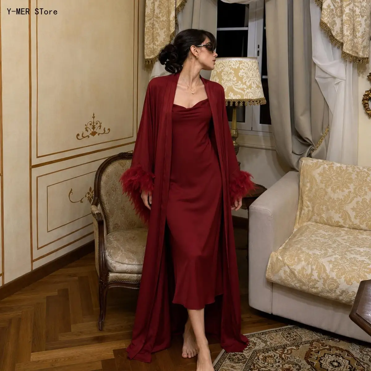 Women French Luxury Feather Bridal Morning Robe Elegant Bride Bridesmaid Wedding Bathrobe High End Spring Summer Sleepwear