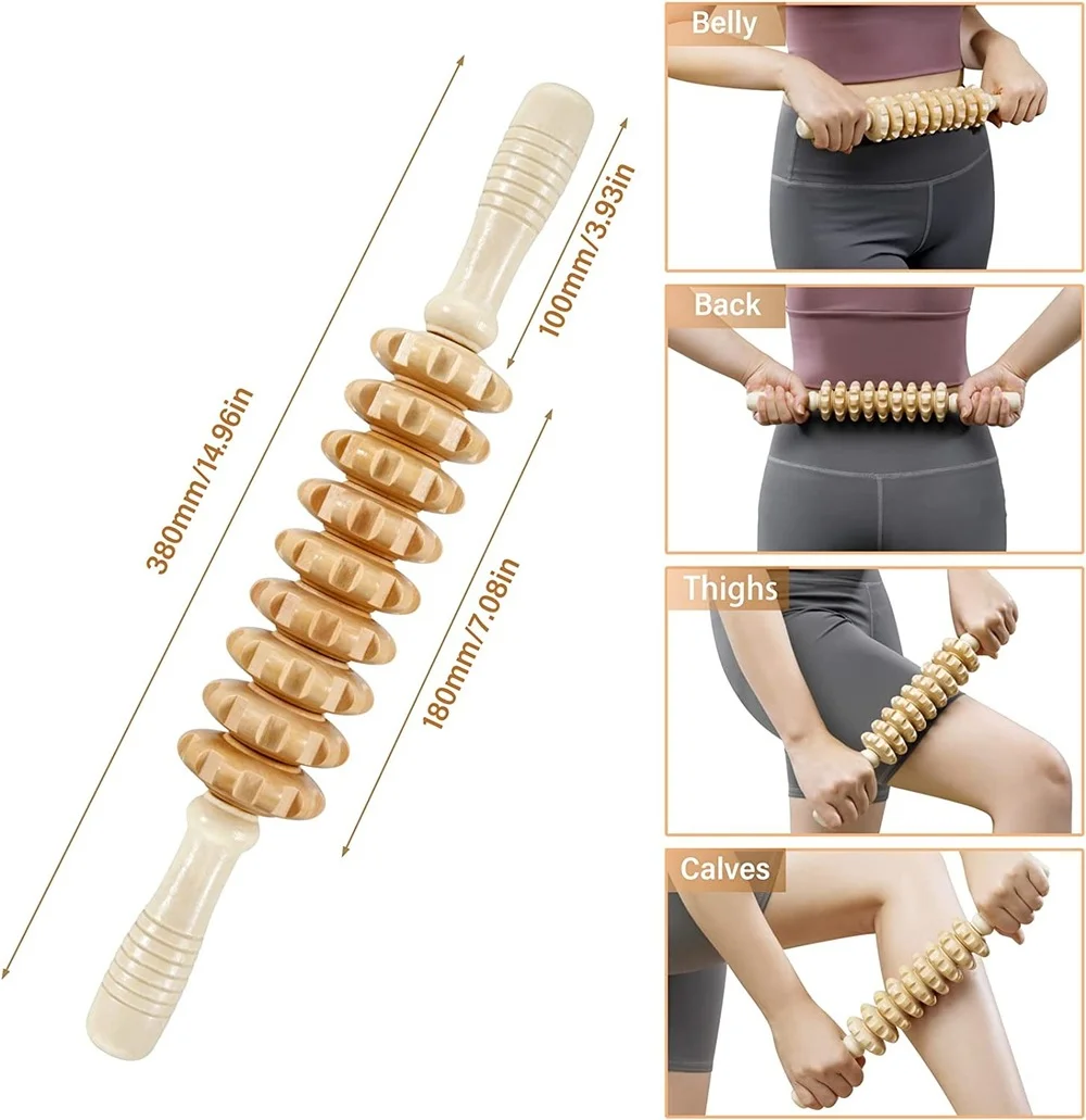 Wooden Massage Roller Stick Wood Gua Sha Board & Massage Roller Rope Wood Therapy Tools for Anti-Cellulite Lymphatic Drainage