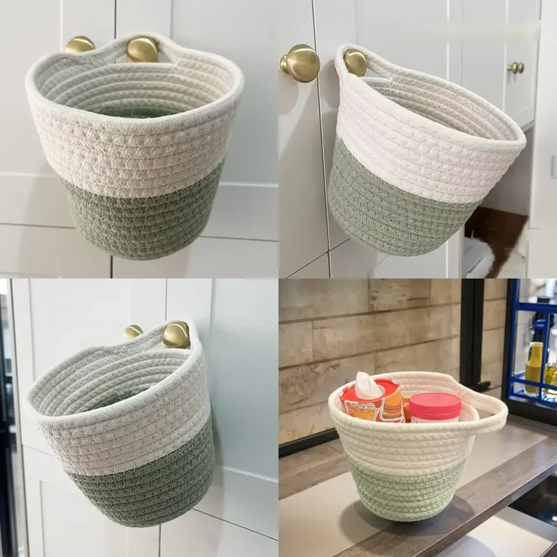 Woven Cotton Rope Hanging Storage Basket Eco-friendly Modern Conical Barrel for Kitchen Living Room Multifunctional Green