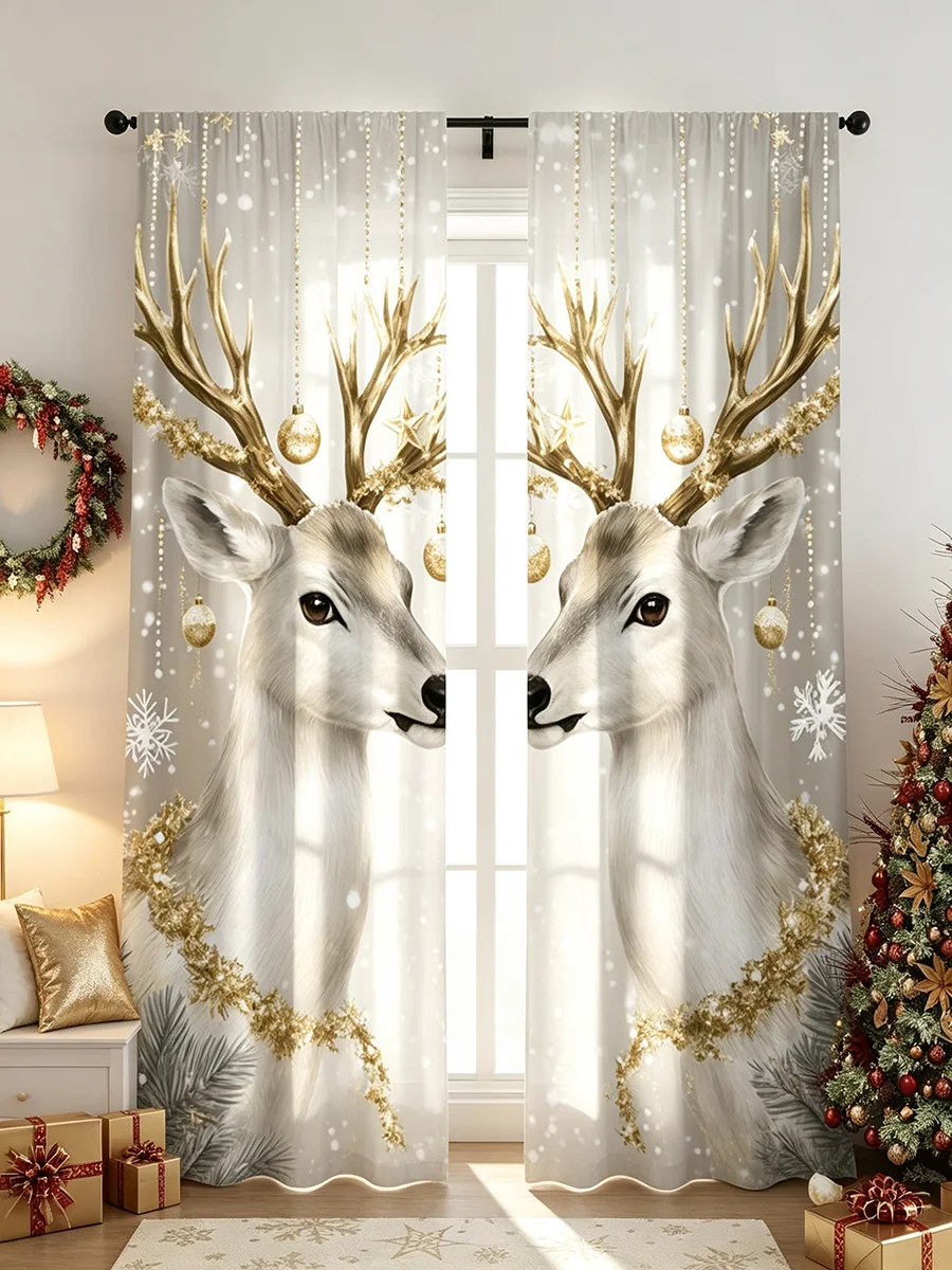 White Reindeer Gold Antler Snowflake Curtains, Rod Pocket, Polyester, Home Decor, Bedroom Living Room, Modern Decor, Home Decor