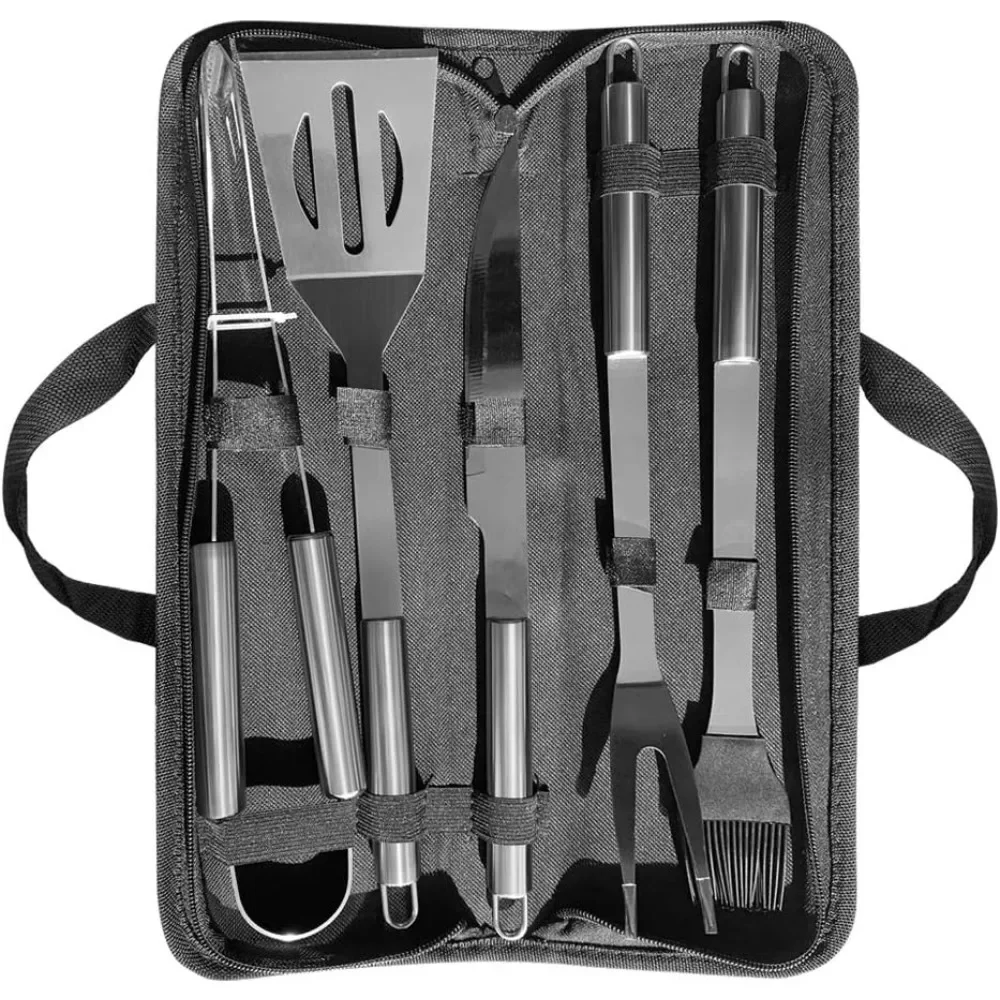 ملحقات شواية PTAPIPI، مجموعة أدوات شواء مكونة من 5 قطع من الفولاذ المقاوم للصدأ مع حافظة - مثالية للرجال، مثالية للطهي والتخييم،