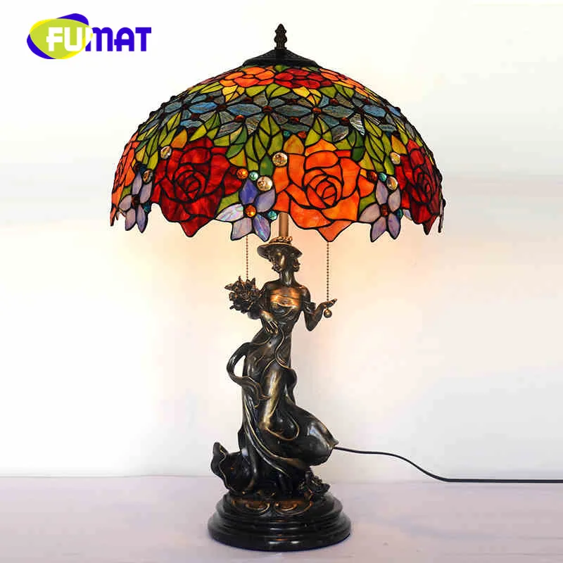 FUMAT Virgin Bronze Art Antique Collection Table Lamp European Retro Rose Stained Glass Bedroom Living Room Decoration Creative