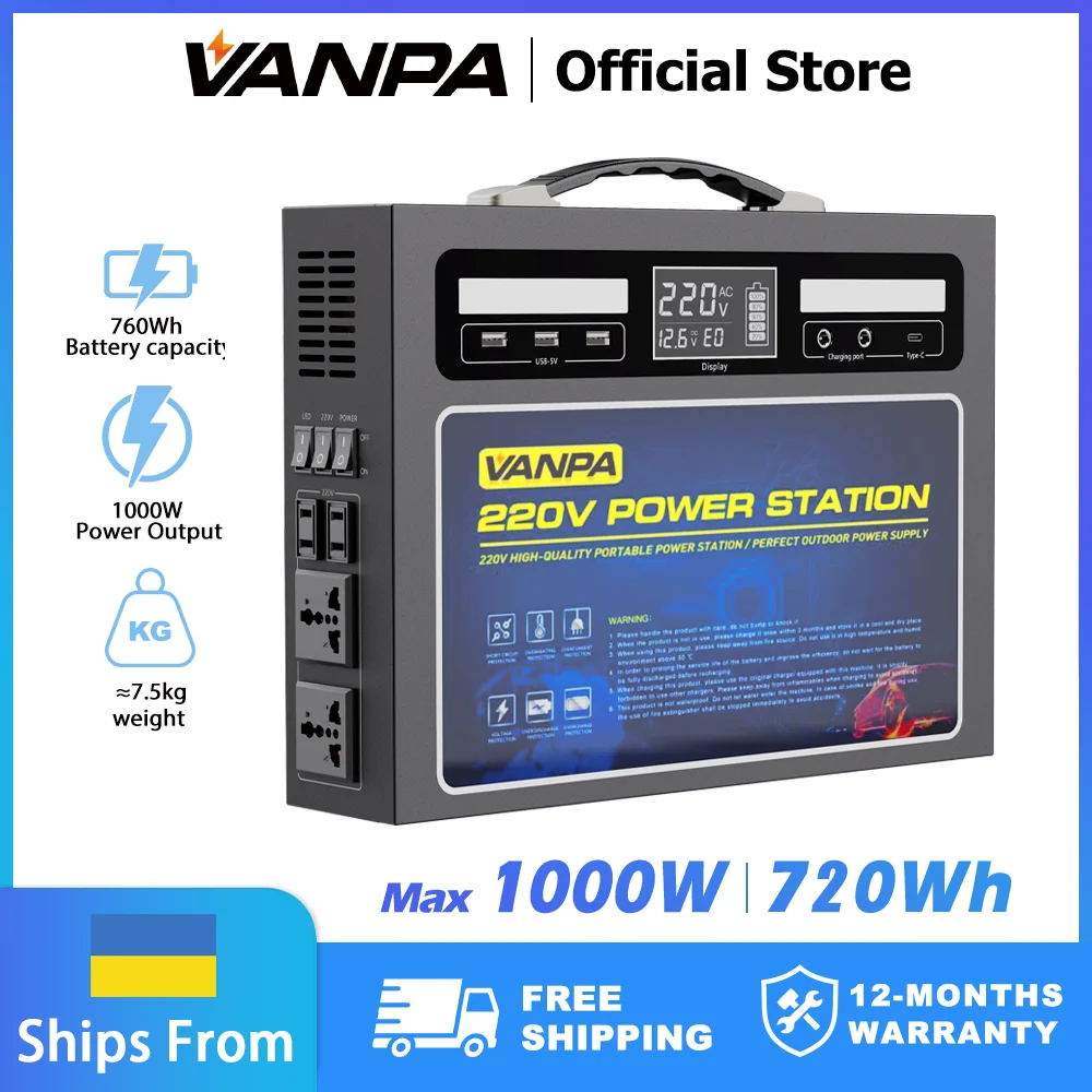 VANPA 1000W Portable Battery Power Station Charging Station 220V for Home Camping Power Bank Outdoor Supply Emergency Mobile