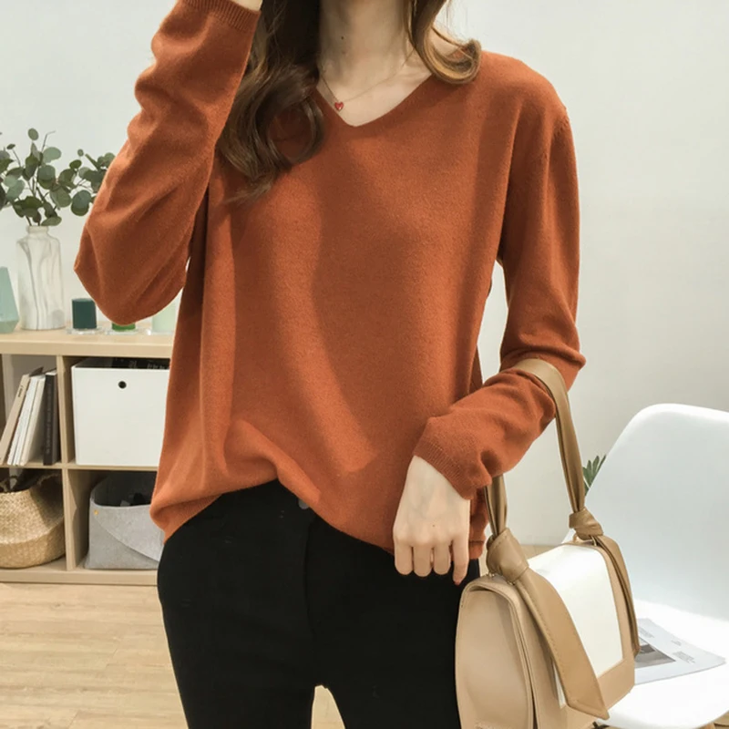 Autumn V Neck Sweater Women Basic Solid Loose Female Sweaters Knitted Pullovers Casual Korean Streetwear Jumper Ladies Tops