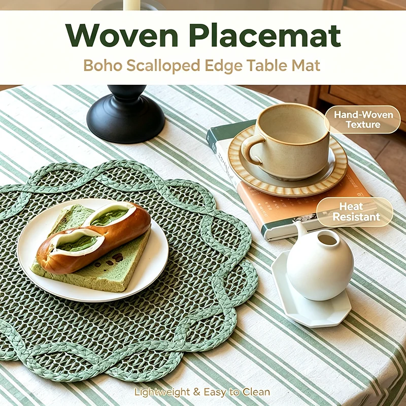 Vintage Floral Braided Table Placemat, Hand‑woven Paper Rattan Heat Resistant Pad, Table Decor For Kitchen Wedding Dinner