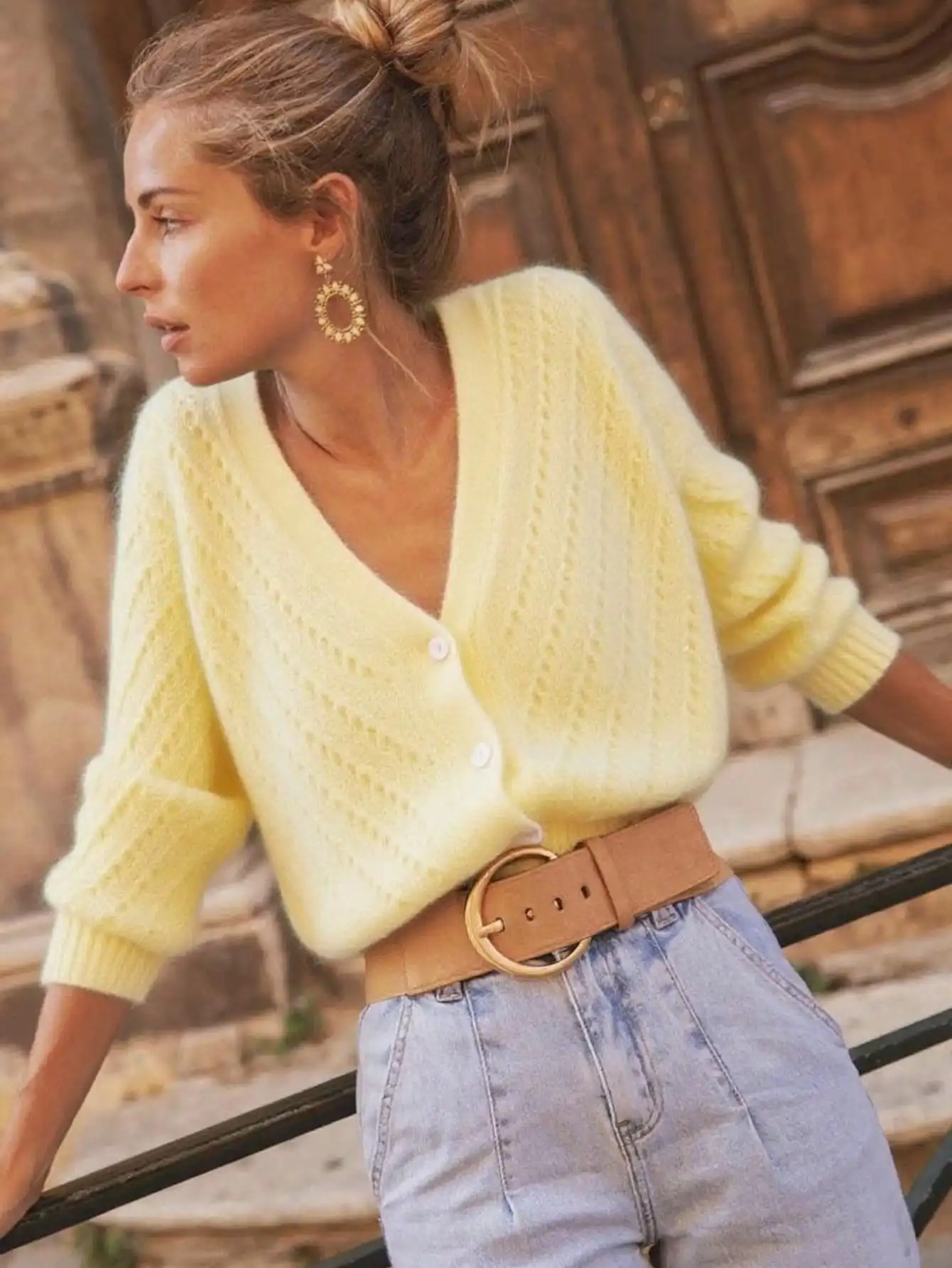 

Желтый вязаный кардиган с V-образным вырезом и застежкой на пуговицы, повседневный женский свитер-жакет для осени и зимы