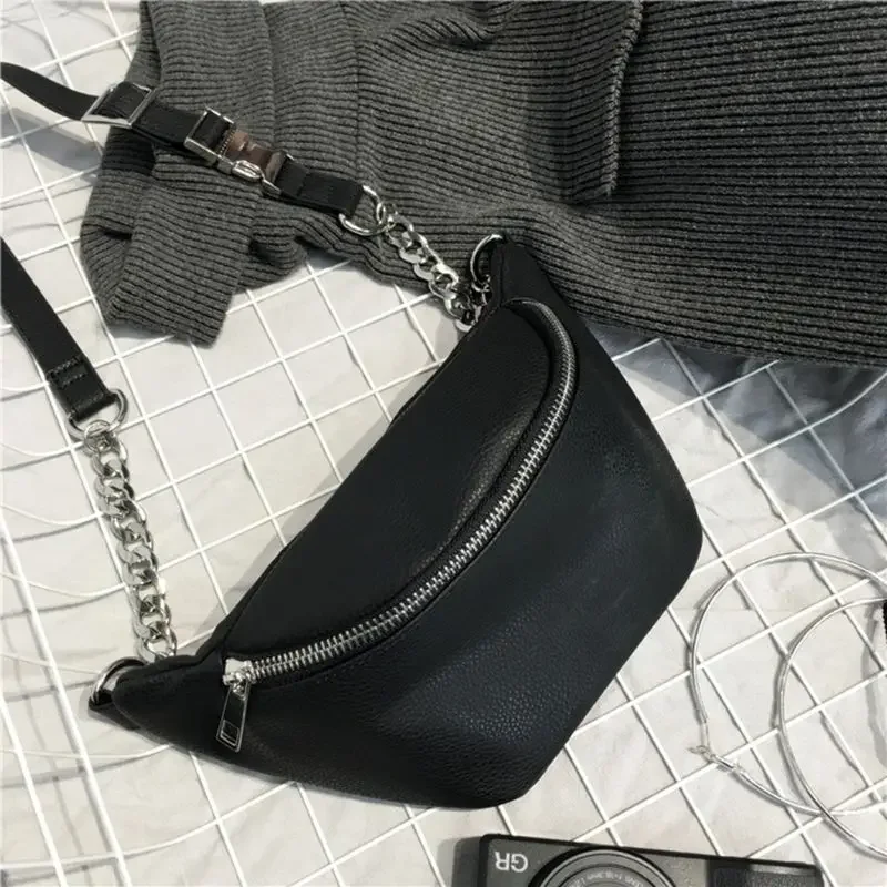 Fashion Leather Waist Fanny Pack Chest Bag Phone Purse with Metal Chain for Women