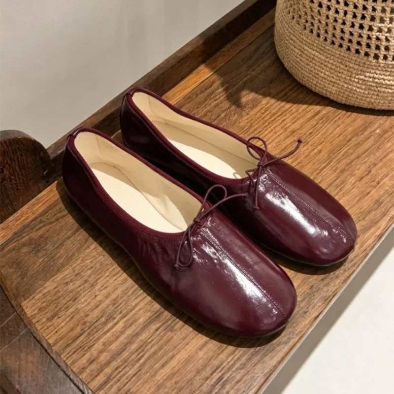 Retro Butterfly-Knot Real Leather Ballet Shoes Flat Heels Mary Janes Shoes Women Round Toe Shallow Casual Shoes Women