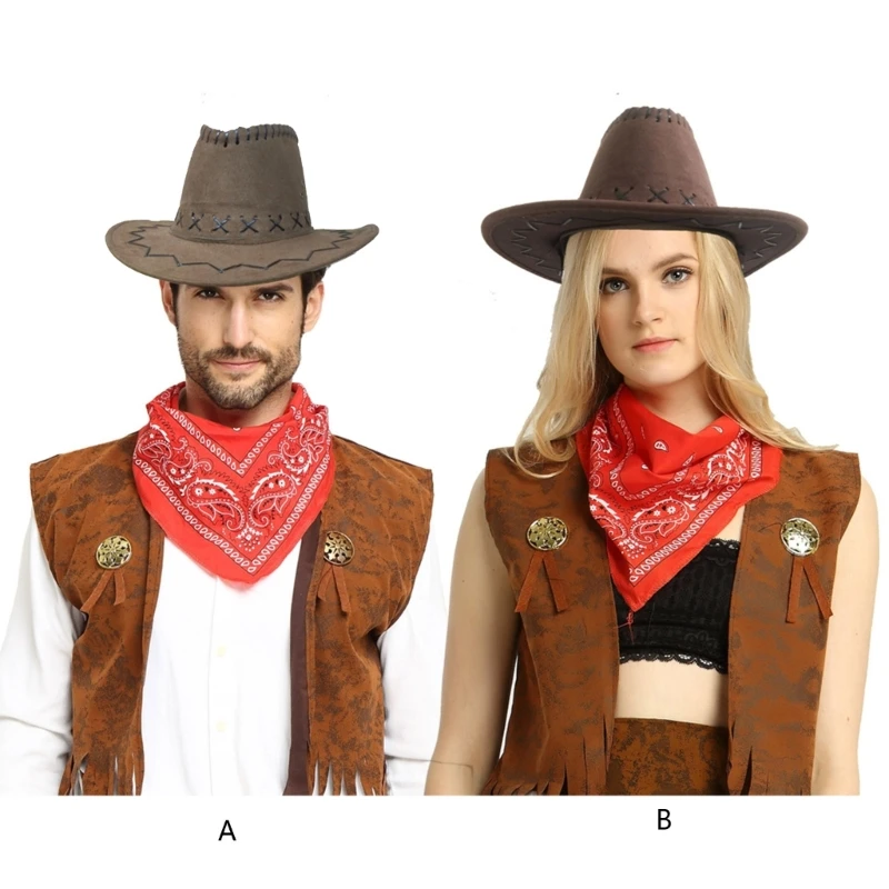 Halloween-Cowboy-Kostüme mit Cowboyhut, Westen, Schal, Cosplay-Party-Kostümzubehör für Damen und Herren, Halloween-Party