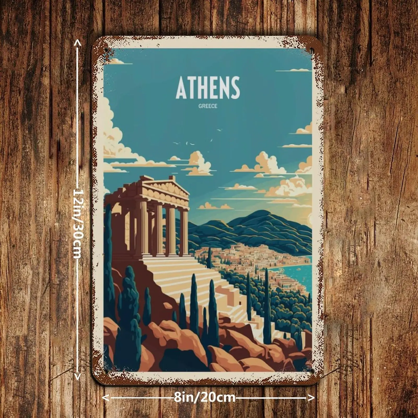 HOUJW Athens Greece Skyline Travel Poster Tin Sign Vintage Metal Pub Club Cafe Bar Home Wall Art Decoration Poster Retro Style(2