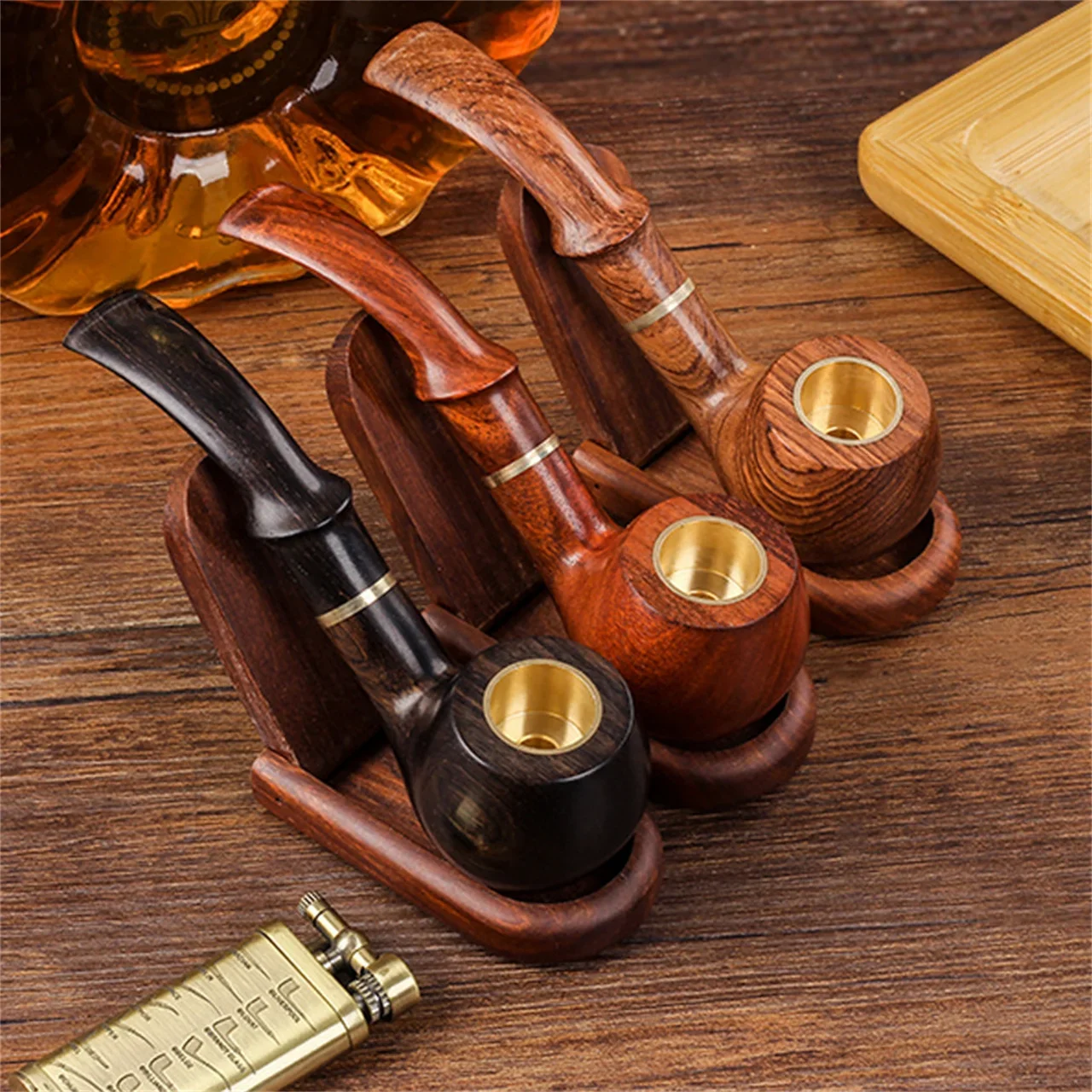 Rosewood 9mm Filter Pipe for Cut Tobacco and 8mm/5.2mm Cigarette Men Bent Type Handle Smoking Pipe with Accessory