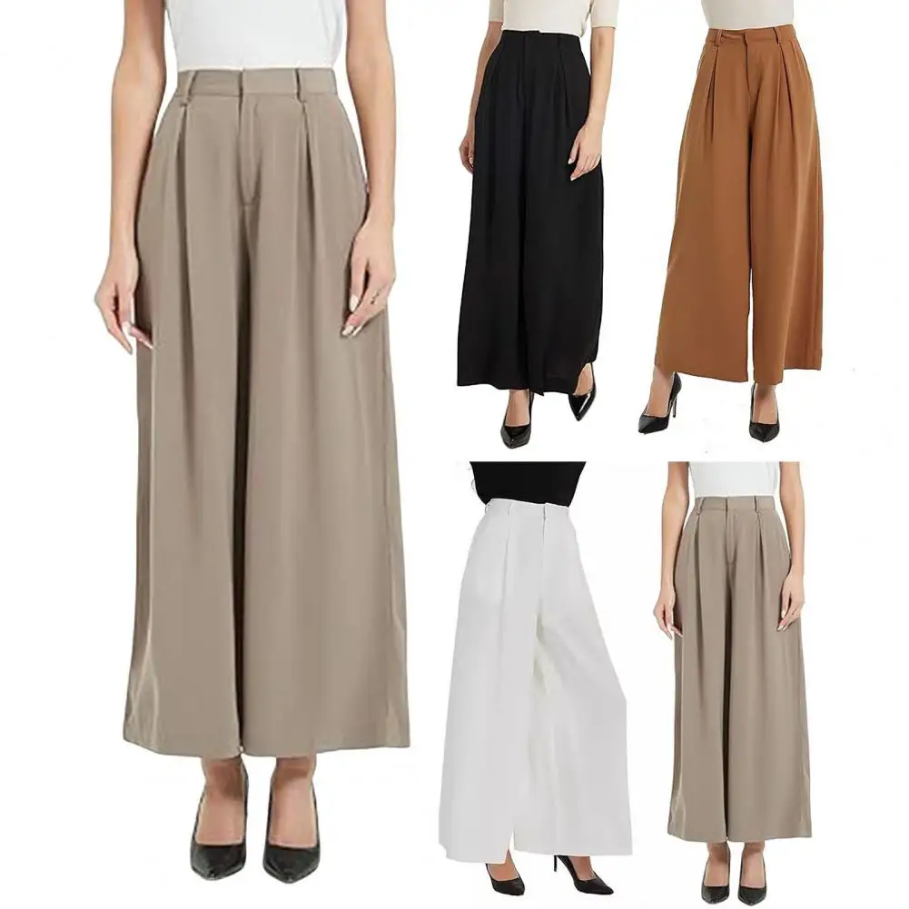 Baggy Pants Fashion Front PocketsWomen Elegant Solid Color High Waist Wide Leg Woman Casual Loose Straight Full Trousers Female
