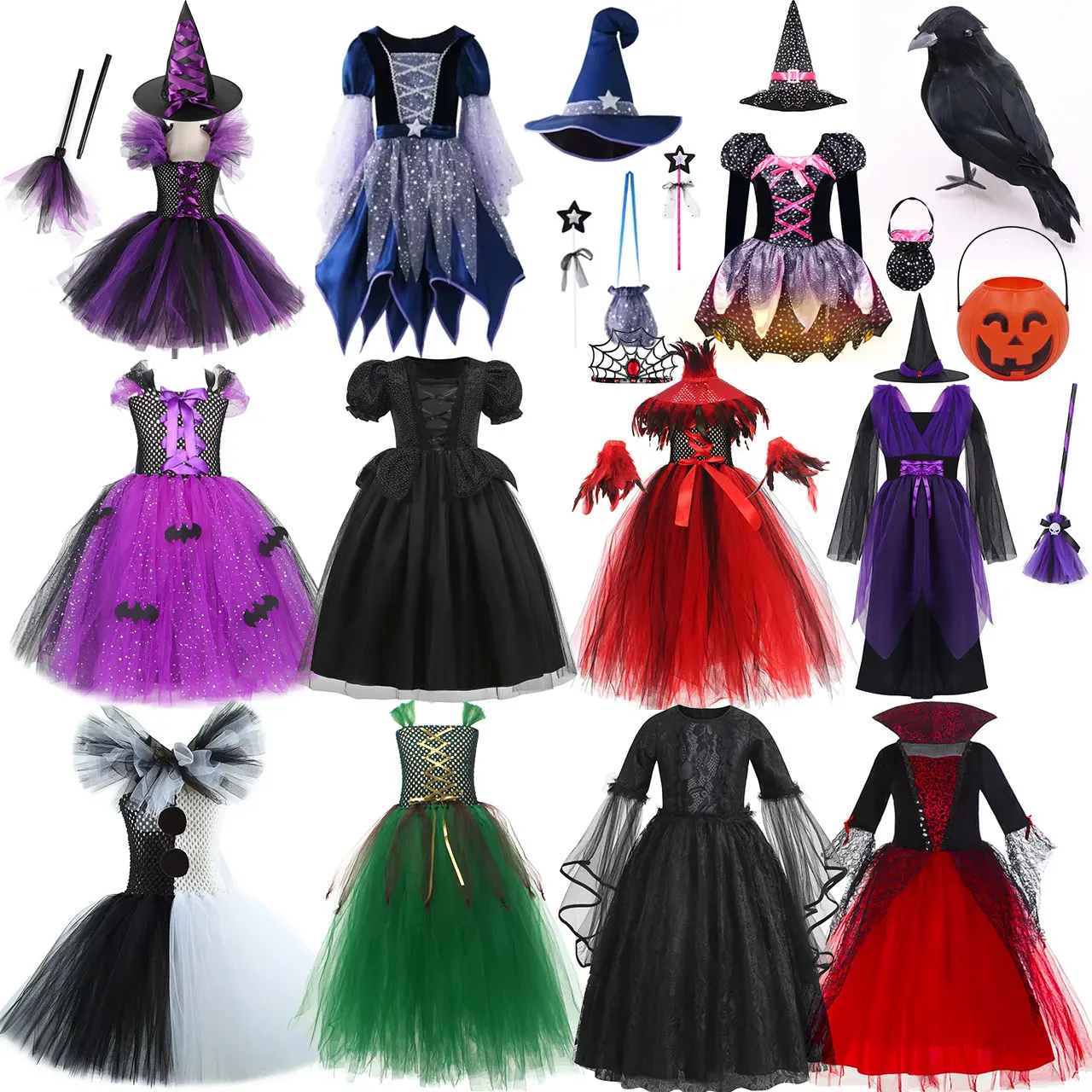 

2025 Halloween Party Costumes Witch Girls' Cosplay Costume- Easter Carnival Night Horror Scary Dress + Broom and Hat Pumpkin Set