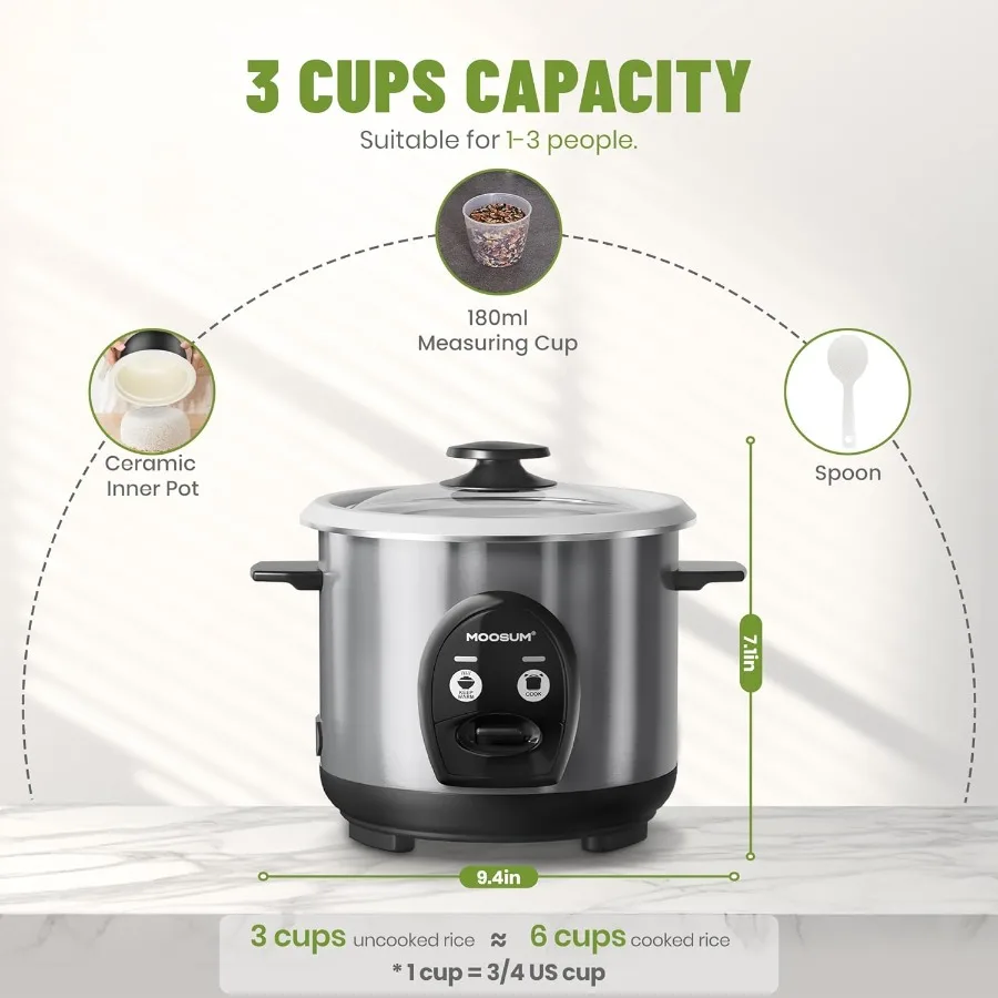 وعاء طبخ أرز غير مطبوخ سعة 3 أكواب صغير مع طلاء سيراميك وعاء داخلي غير سام للطبخ متعدد الوظائف بلمسة واحدة بما في ذلك الأرز #4