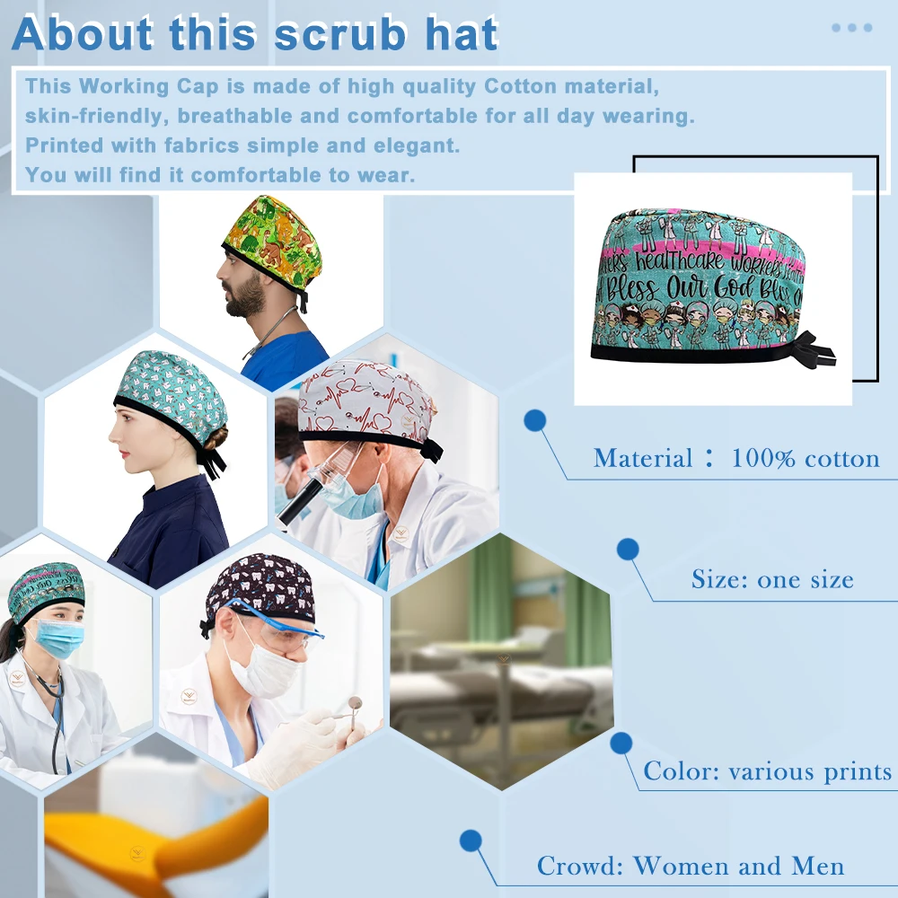 Wholesale Medical Clinic Nurse Women Scrub Hats Cartoon Printing Cotton Nursing Accessories Men Surgical Cap Doctor Work Cap