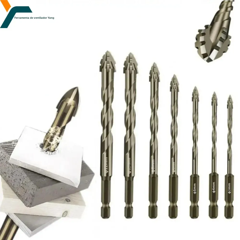 Conjunto de brocas de dente serrilhado, 7 peças, quatro gumes excêntrico, liga de alta dureza, ferramenta multifuncional, vidro, cimento, metal, cerâmica, madeira