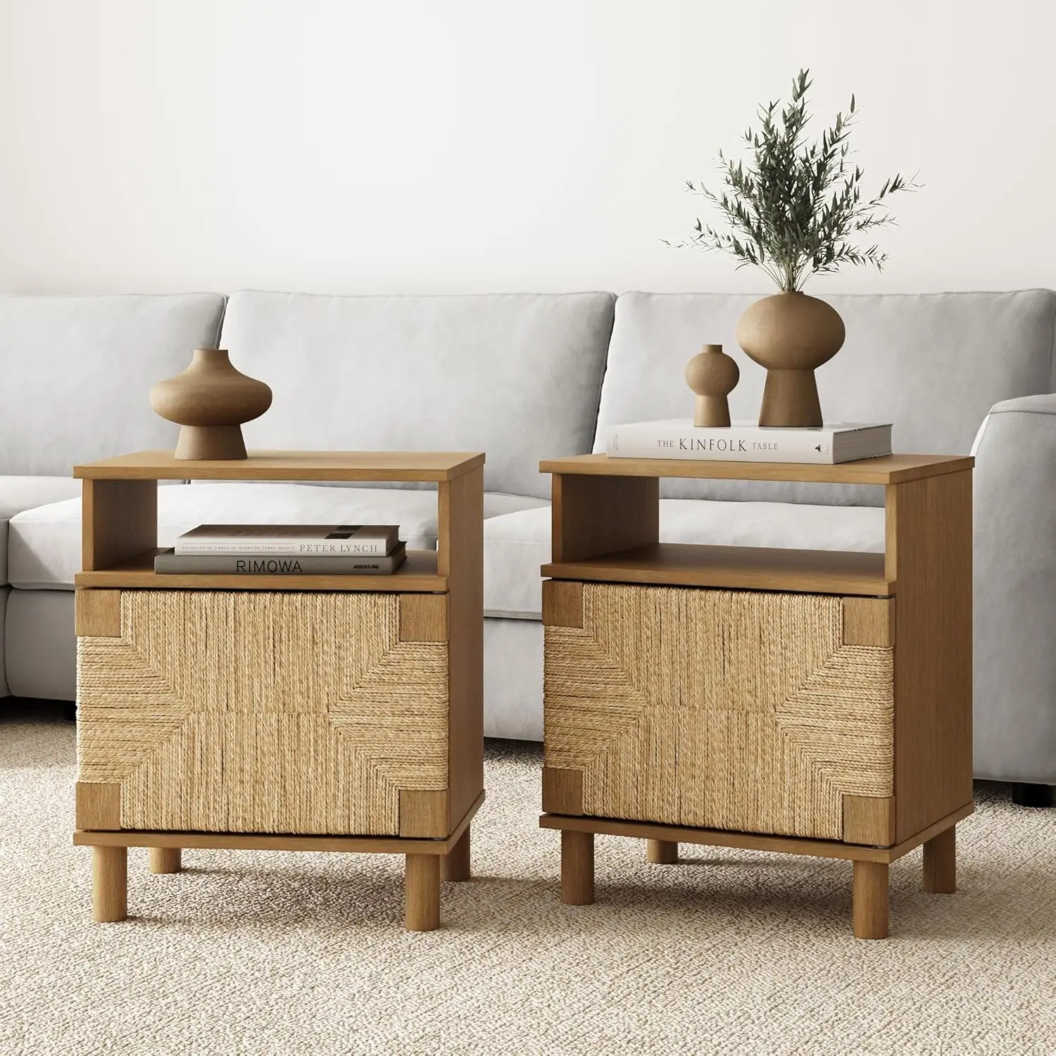 

Nathan James Beacon Wood Nightstand, Bohemian Accent Table Or Sofa Side Table With Seagrass Door For Bedroom Or Living Room,