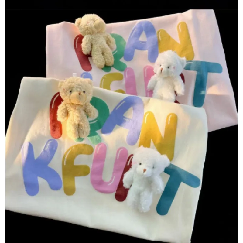 

Round Neck Loose Niche Cute Top Internet Celebrity Three-dimensional Decoration Dopamine Summer New Cotton Bear Short Sleeve